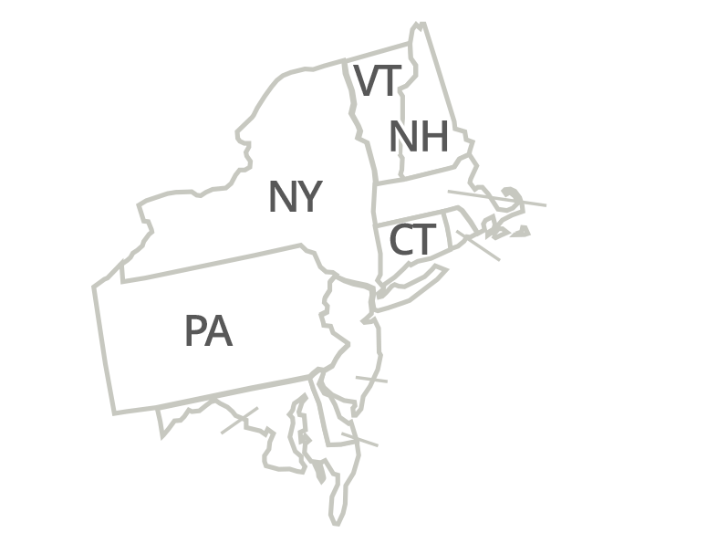 Pennsylvania, New York, New Jersey, Massachusetts, New Hampshire, Maryland, Connecticut, Delaware, Vermont, Rhode Island