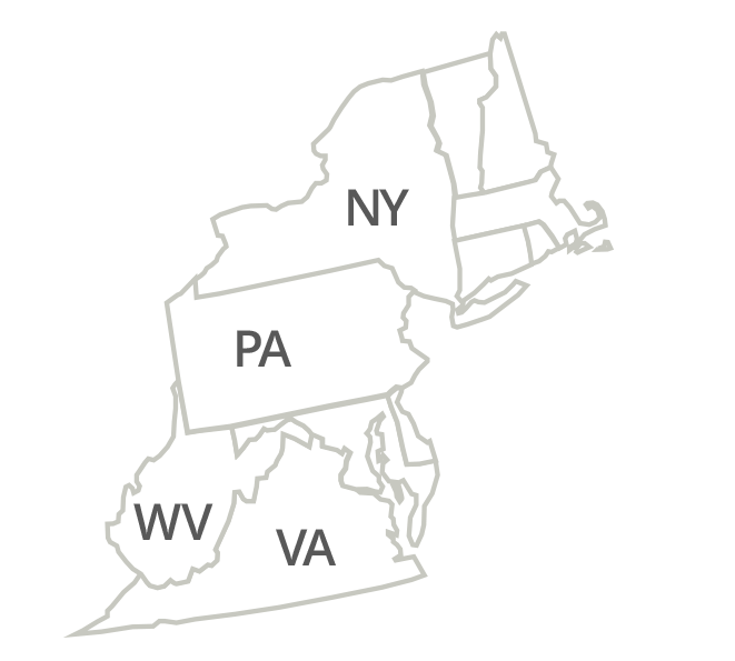 Pennsylvania, New York, Virginia, West Virginia, Vermont, New Hampshire, Massachusetts, Rhode Island, Connecticut, Delaware, Maryland